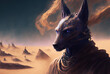 Portrait of an anubis on the background of the desert. Generative AI.