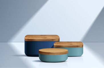 Wall Mural - Set of minimal blue and wood realistic 3D cylinder and square pedestal podium in studio for stand show product display.