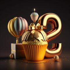 Gold birthday cupcake with balloon and number ,made with Generative AI