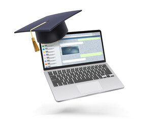 Poster - laptop with graduation hat. 3d vector banner 