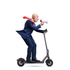 Wall Mural - Businessman shouting through a megaphone and riding a scooter