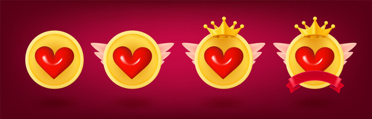 Poster - Different rank emblems with hearts. Game achievement badges collection. 3d vector clipart