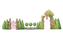Red Metal Gate With A Bird Between Stone Pillars. Ancient Garden Arch Trellis, Overgrown With Climbing Rose Flowers. Hand Drawn Watercolor Painting Illustration Isolated On White Background.