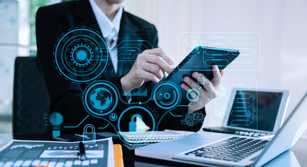 Wall Mural - cyber security data protection business working on compute intelligenc digital tablet global network