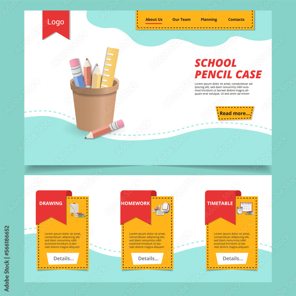 School pencil case flat landing page website template. Drawing ...