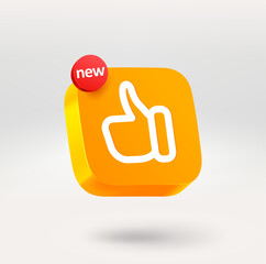 Fototapete - Thumbs up icon with NEW label. Mobile application icon. 3d vector icon isolated on white background