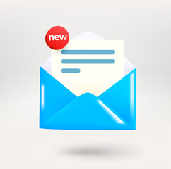 Fototapete - Receiving mail with a new message label. 3d vector icon isolated on white background