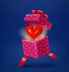 Aufkleber - Open gift box with red heart. 3d vector illustration