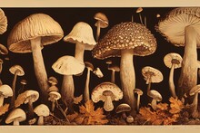 Big Mushroom Collage With All Different Mushrooms. Autumn Mushrooms View. Mushroom Collection Hand Drawn Illustrations. / Antique Engraved Illustration From Adolphe Millot. Without. Generative AI