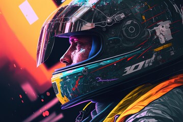 Wall Mural - Formula One driver in closeup wearing helmet and outfit during generative ai race Generative AI
