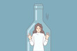 © drawlab19 - Depressed woman standing inside transparent bottle cant get out due to alcohol abuse. Young girl is trapped in need of treatment and rehab from strong drinks addiction. Flat vector illustration