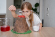 © Julija - Kid science experiment of volcano or baking soda and vinegar volcano eruption for kid.Girl with eyeglasses pouring baking soda, mixed and poring vinegar for volcano labs.