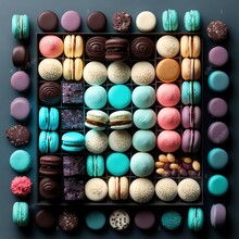 Macaroons, Sorted By Color, French Patisserie In A Display Fridge, Knolling - Generative AI