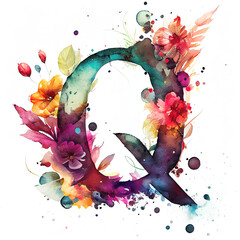 Wall Mural - Capital letter Q made of watercolour flowers and, flourish ornaments. Isolated on white background. Colourful alphabet series. Digitally generated AI image