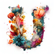 Capital Letter U Made Of Watercolour Flowers And, Flourish Ornaments. Isolated On White Background. Colourful Alphabet Series. Digitally Generated AI Image
