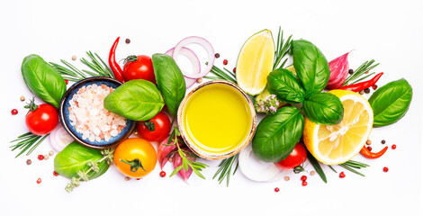  Fresh spicy herbs and spices for mediterranean diet. Banner. Tomato, green basil, olive oil, garlic and other. Vegan healthy food on white background. Cooking concept, top view, copy space