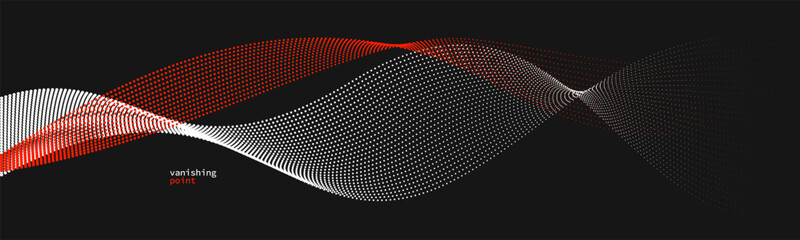 Wall Mural - Abstract background vector illustration, red and black dots in motion by curve lines, particles flow wave isolated, monochrome black and white illustration.
