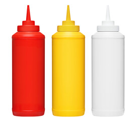 Bottled ketchup, mustard and mayonnaise, cut out