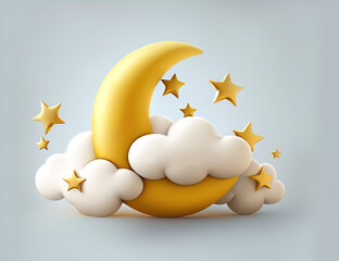 yellow Crescent moon with stars and cute clouds with smiles in smooth 3d style. Baby decoration for sleep products design.