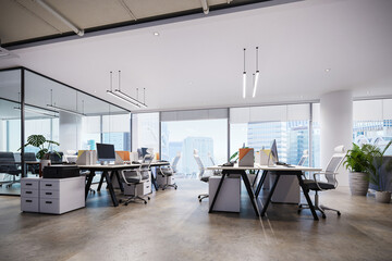 Wall Mural - white color theme modern style office with exposed concrete floor and a lot of plant, 3d rendering