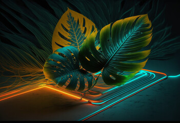 Wall Mural - Spectacular AI-Generated 3D Neon Jungle: A Vibrant, Colorful Adventure of Illuminated Fauna and Flora