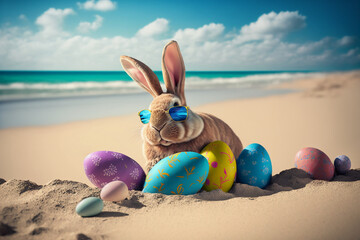 Wall Mural -  Easter Bunny with Easter eggs on the beach. Generative AI