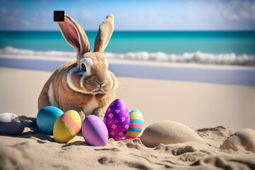 Wall Mural -  Easter Bunny with Easter eggs on the beach. Generative AI