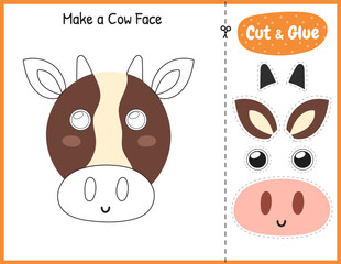 Poster - Make a cow face funny game for kids. Cut and glue educational activity page. Matching game with farm animal. Vector illustration