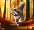 Running Kitten in Woods, Generative AI Illustration