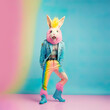 Abstract funny animal portrait of pink rabbit dressed as a man, standing and posing as a model on a pastel colorful background. Modern clothes. Illustration. Generative AI.