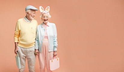 A romantic love date of a old grandparents couple in love at Easter pastel party with bunny ears, happiness and celebration. Illustration. Generative AI.