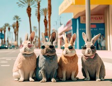 Abstract, Modern Group Of Easter Bunny Dressed, Standing And Posing As A Human In City Center. Trendy Modern Hipsters, Animals In Fashion Suits. Illustration. Generative AI.