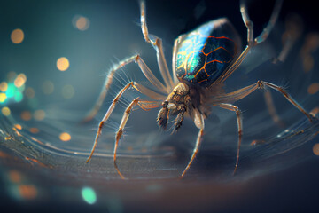 A close-up of a spider spinning its web, the delicate strands of silk stretched between its legs as it works, ai