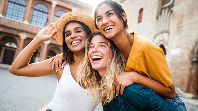 three young multiracial women having fun on city street outdoors - mixed race female friends enjoyin