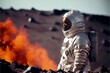 volcanologist in silver hazmat suit,  explosions of lava. Volcano. Ai Generative