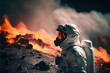 volcanologist in silver hazmat suit,  explosions of lava. Volcano. Ai Generative