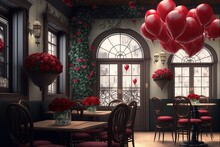 Celebration Of Valentine Day With Red Roses And Red Heart-shaped Balloons