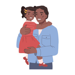 Father hugging daughter, holding kid on hands and smiling. Happy family members cuddling and bonding. Warm relationships between afro american child and parent. Vector in flat style