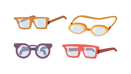 Spectacles and glasses with optical lenses for correction poor eyesight. Isolated variety and types of accessories and frames. Vector in flat cartoon style