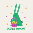 Cute Easter Bunny with a basket of eggs. Easter Monday postcard. Vector multi-colored trendy illustration.
