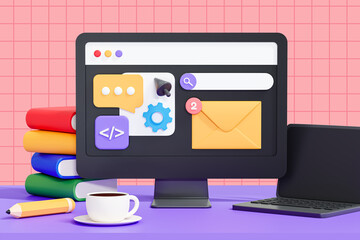 3D Computer monitor with web development. Work desk in office. Co-working space. Freelancer working. Online education. Business project concept. Cartoon creative design illustration. 3D Rendering
