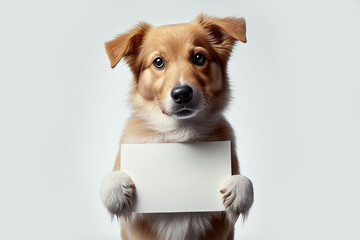 Illustration portrait of a cute dog holding a sign on white background, text space, generative ai