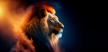 Head Of Young Lion Looking Lateral With Copy Space For Advertisement. Illustration Of Portrait Of A Big Male Lion With Copy Space Background For Banner Text. Generative, Ai