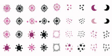 Collection Of Sleepy Nighttime Vector Sky Icons. Simple Illustration Of Block Print Moon And Sun In Viva Magenta Color Of The Year Set. 