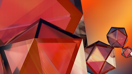 Wall Mural - Red, orange, jewel-like angular deformed hexagonal three dimensional abstract dramatic passionate luxurious modern 3D rendering graphic design elemental background material.