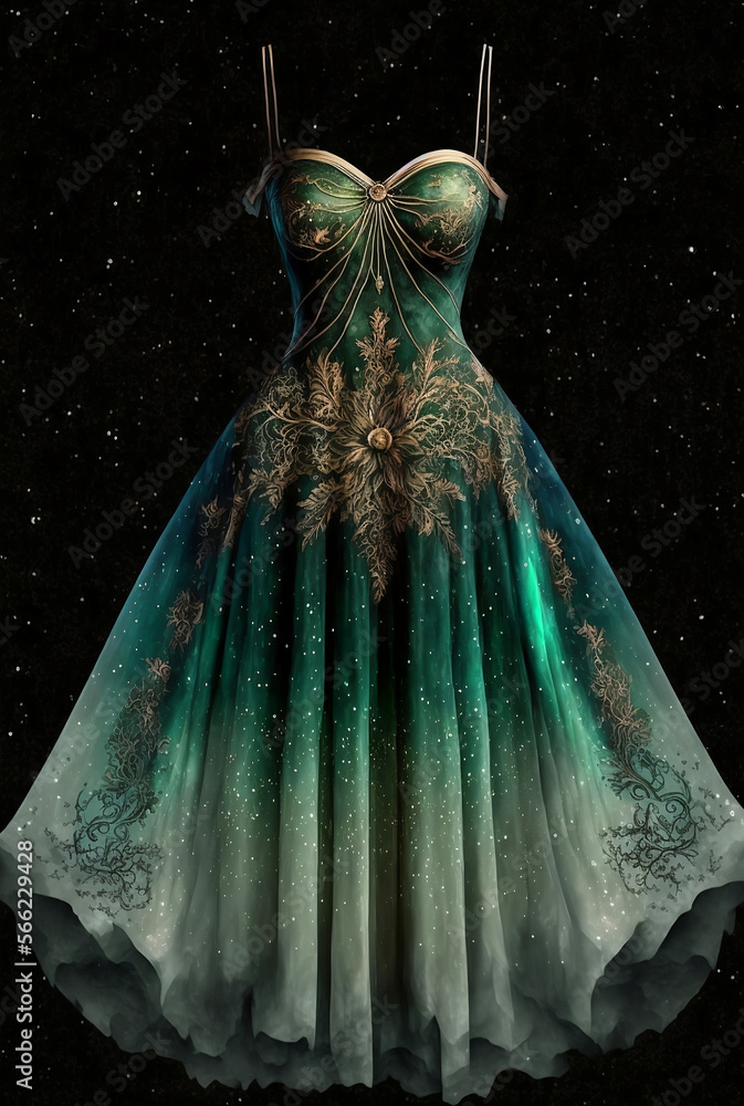 green evening dress with golden decor on a dark background Stock Illustration | Adobe Stock green evening dress with golden decor on a dark background Stock Illustration | Adobe Stock