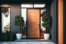 Modern Wood Door, Entrance To A Home With Plants, Generative AI