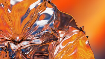 Wall Mural - Red, orange, metallic morning glory-like flowers spreading in all directions. Abstract, dramatic, passionate, passionate, luxurious, modern 3D rendering of graphic design elemental