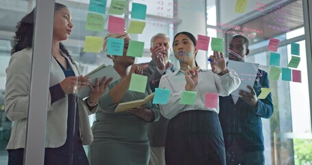 Aufkleber - Collaboration, brainstorming and team at presentation, ideas for teamwork at startup and sticky note on glass wall. Strategy, planning and analytics in meeting at idea workshop for agency employees.