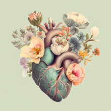 Human Heart With Flowers, Love And Emotion Concept, Good Hearted Person, Help And Charity, Generative AI
